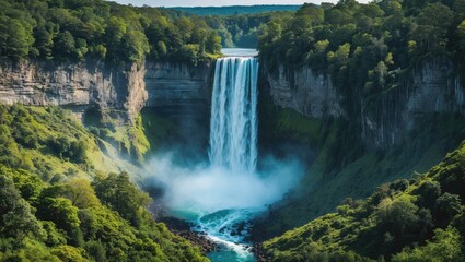 Poster - Majestic Waterfall Surrounded by Lush Green Forest and Scenic Landscape View