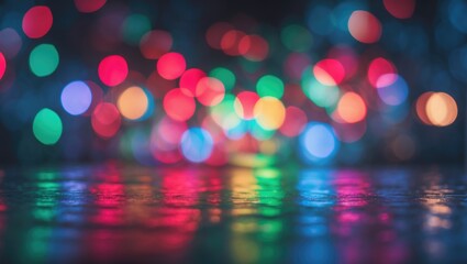 Poster - Abstract bokeh background featuring vibrant defocused RGB lights in red, green, and blue creating a festive and colorful atmosphere.