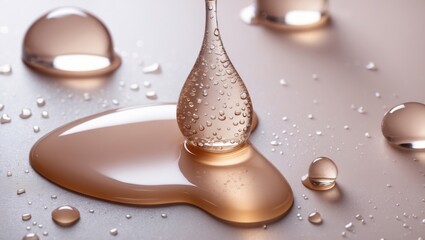 Poster - Cosmetic texture featuring transparent gel droplets on a soft light background ideal for skincare or beauty product advertisements.