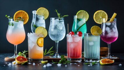Aufkleber - Vibrant Assortment of Gin Cocktails Displayed on a Dark Background with Fresh Garnishes and Ice for a Creative Drink Menu Concept