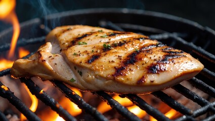 Poster - Perfectly Grilled Chicken Breast on the Barbecue with Flames and Smoke for a Mouthwatering Culinary Experience