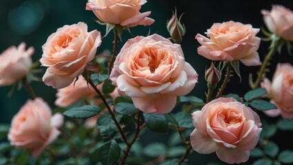 Poster - Beautiful Close-Up of Delicate Peach Roses in Bloom Against a Dark Green Background Nature Photography Floral Beauty Portrait