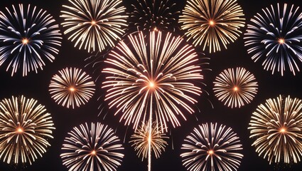 Poster - Colorful Fireworks Montage with Multiple Bursts in Various Sizes and Shapes on a Black Background Featuring Space for Text Addition