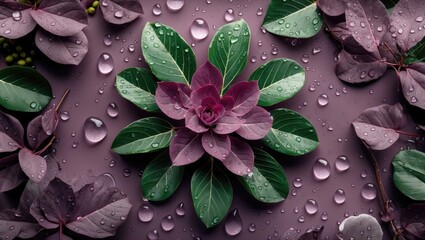 Poster - Vibrant composition of mauve and green leaves with water droplets creating a fresh and natural botanical aesthetic perfect for design use