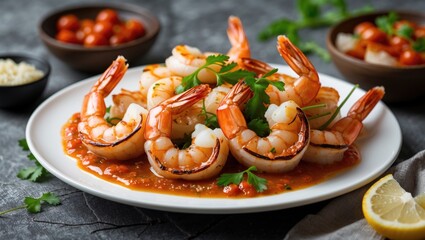 Aufkleber - Grilled shrimp garnished with herbs served on a white plate with seafood sauce and lemon slices against a textured background.