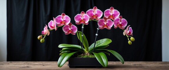 Poster - Elegant hybrid orchid arrangement with vibrant pink flowers and green leaves, set against a dark background with ample space for text.