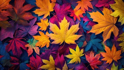Poster - Vibrant autumn leaves in rich colors creating a beautiful textured background for design and artistic projects.