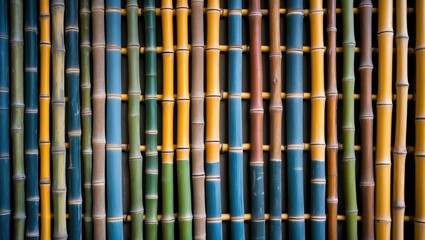 Poster - Colorful bamboo slats in vertical arrangement showcasing texture and natural patterns creating an artistic background for design elements.