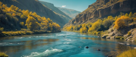 Poster - scenic view of erro river flowing through sorogain forest valley in autumn with vibrant foliage and 