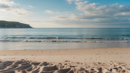 Poster - serene empty sandy beach with gentle waves and clear sky ideal for text or product promotion