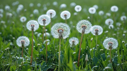 Poster - Dandelion Seeds in a Lush Green Meadow Capturing the Beauty of Nature's Delicate Flora and Fresh Spring Atmosphere