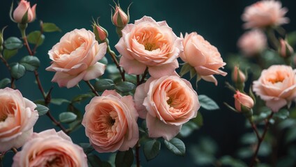 Poster - Elegant Peach Roses in Bloom Against Dark Green Background Captured in Close-Up Showcasing Delicate Petals and Lush Foliage