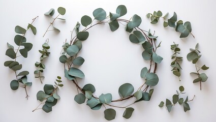 Poster - Eucalyptus Wreath and Leaves on White Background With Copy Space for Text Flat Lay Arrangement Ideal for Nature Inspired Designs