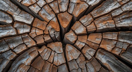 Poster - Aerial view of cracked tree trunk texture showcasing intricate natural patterns and earthy colors perfect for organic design backgrounds.