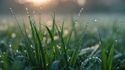 Poster - Morning dew on cogon grass with soft focus background capturing the tranquility of nature at sunrise.