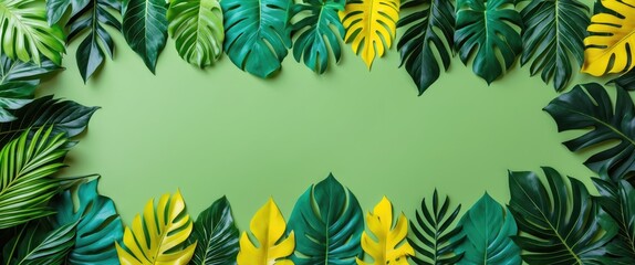 Poster - Colorful Tropical Leaves Frame on Green Background with Space for Text in Creative Flat Lay Design