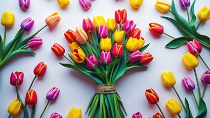 Poster - Vibrant tulip bouquet arranged artistically on a white backdrop showcasing the beauty of spring flowers in various colors.