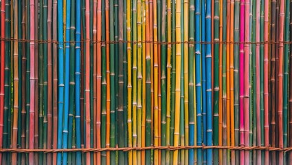Poster - Vividly Painted Bamboo Fence Vertical Lines Minimalist Design Creative Background Colorful Decoration Element for Vibrant Aesthetic
