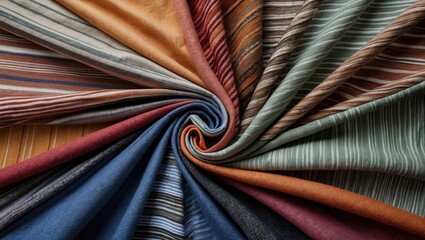 Poster - Vibrant striped fabric textures arranged in a circular pattern showcasing rich colors and diverse patterns for creative design backgrounds