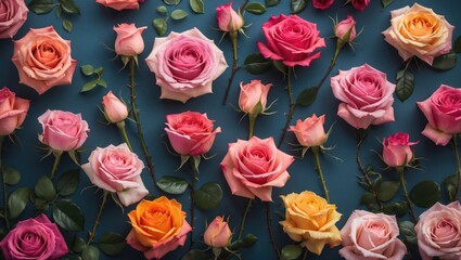Poster - Vibrant Multicolor Rose Flower Arrangement on Dark Background with Space for Text and Design Elements
