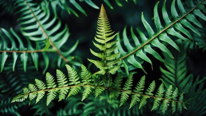 Poster - Lush green fern leaves arranged in a natural pattern showcasing the intricacies and textures of foliage in a serene setting.
