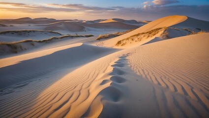 Poster - Golden Sand Dunes Revealing Footprints Under Vibrant Sunset Sky Natural Landscape of Peaceful Desert Serenity and Beauty