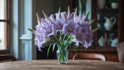 Poster - Elegant Light Purple Gladiolus Arrangement in Glass Vase on Wooden Table Styled Interior Decor