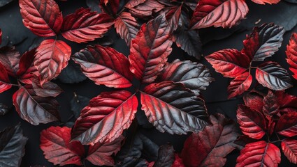Poster - Vibrant Red and Black Leaf Arrangement on Dark Background with Space for Text or Design Elements