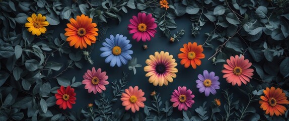 Poster - Vibrant Colorful Flowers Arrangement on Dark Leafy Background with Space for Text or Design Elements
