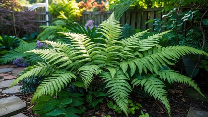 Poster - Lush Green Fern Leaves Creating a Serene Atmosphere in a Vibrant Garden Setting