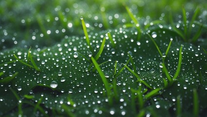Poster - Dewdrops Glistening on Lush Green Grass Capturing Nature's Morning Beauty in a Serene Outdoor Landscape