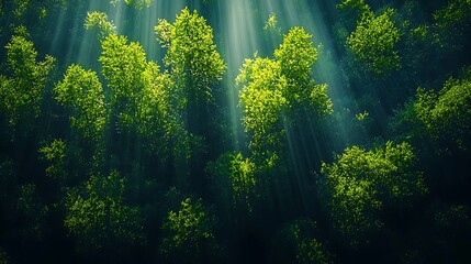 Poster - Sunbeams pierce lush forest canopy; misty background; nature backdrop