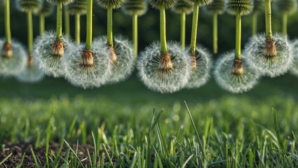 Poster - Dandelion Clusters Suspended Above Lush Green Grass in Natural Outdoor Setting