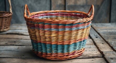 Poster - Colorful Wicker Basket with Handle on Wooden Surface Ideal for Empty Space Text or Decorative Use