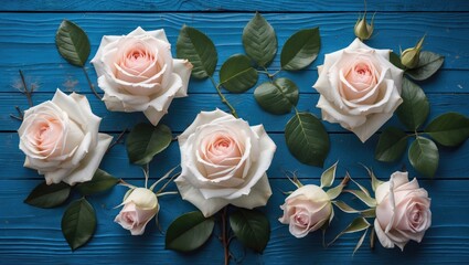 Poster - Delicate arrangement of white and pink roses with green leaves on vibrant blue wooden background showcasing natural beauty and elegance.