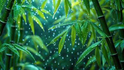 Poster - Dew droplets glistening on vibrant green bamboo leaves in a lush forest setting.