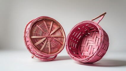 Poster - Empty pink woven wicker baskets turned upside down on white background showcasing plaited design and vibrant color for decorative use.
