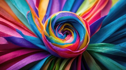 Poster - Vibrant multicolored spiral arrangement showcasing a beautiful blend of rainbow hues ideal for creative backgrounds and artistic designs.
