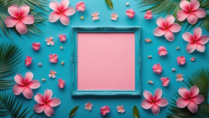 Poster - Turquoise Background with Tropical Pink Flowers and Frame Creative Spring Layout with Empty Space for Custom Text or Design