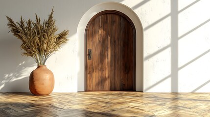 Poster - Sunlit arched doorway, pampas grass, herringbone floor, interior design
