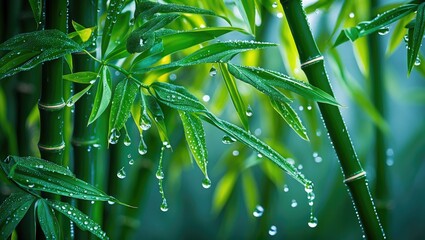 Poster - Dew drops glistening on lush green bamboo leaves in a serene natural environment showcasing freshness and tranquility.