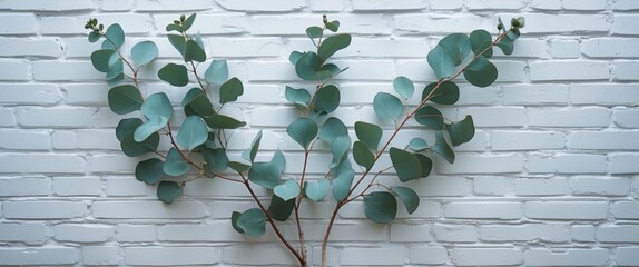 Poster - Eucalyptus branch decor against a white brick wall perfect for minimalist home styling and natural aesthetic in interior design.