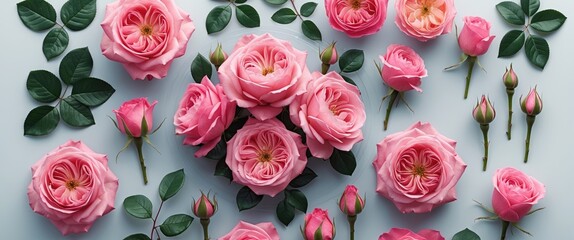 Poster - Beautiful Pink Roses with Green Leaves on a Light Background Perfect for Floral Designs and Text Placement in Perfume or Garden Themes