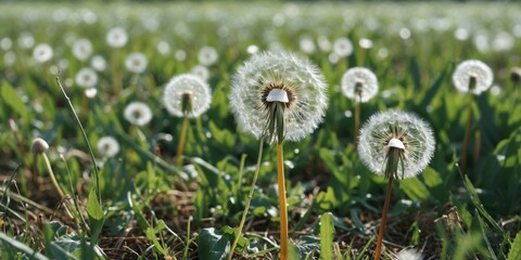 Poster - Dandelion Field in Summer with Soft Green Background and Space for Natural Text or Branding