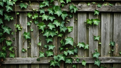 Poster - Green Ivy Leaves Climbing On Weathered Wooden Fence Creating A Natural Texture Perfect For Backgrounds Or Copy Space For Text Elements
