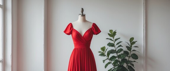 Poster - Elegant Red Evening Dress Displayed on Mannequin with Green Plant in Minimalist Setting and Copy Space for Fashion-related Text