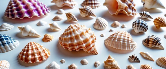 Poster - Variety of Colorful Seashells Arranged on White Background with Ample Space for Text or Graphic Design Elements