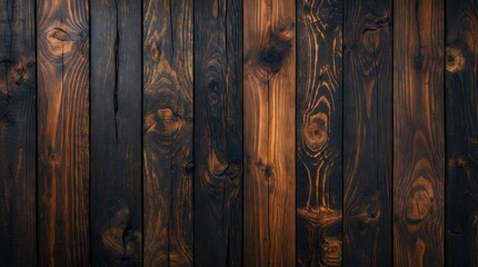 Poster - Dark hardwood texture background showcasing a rich pattern of blackened and golden wood grain for interior design and creative projects.