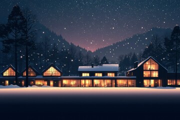 Wall Mural - Cozy home glows in snow-covered mountains under starry night sky for holiday use