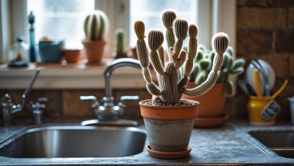 Poster - Dried cactus in a terracotta pot placed on a kitchen counter next to a sink with natural light illuminating the scene.